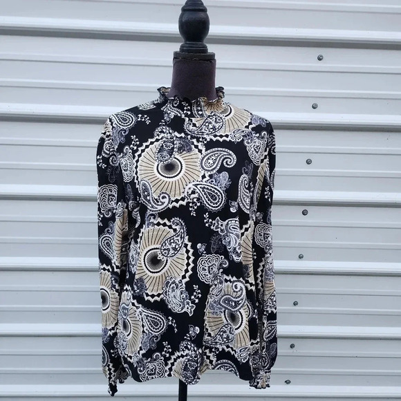 By Design Black Beige Floral Paisley Print Pullover Top Stretch Long Sleeve XL - Picture 1 of 11